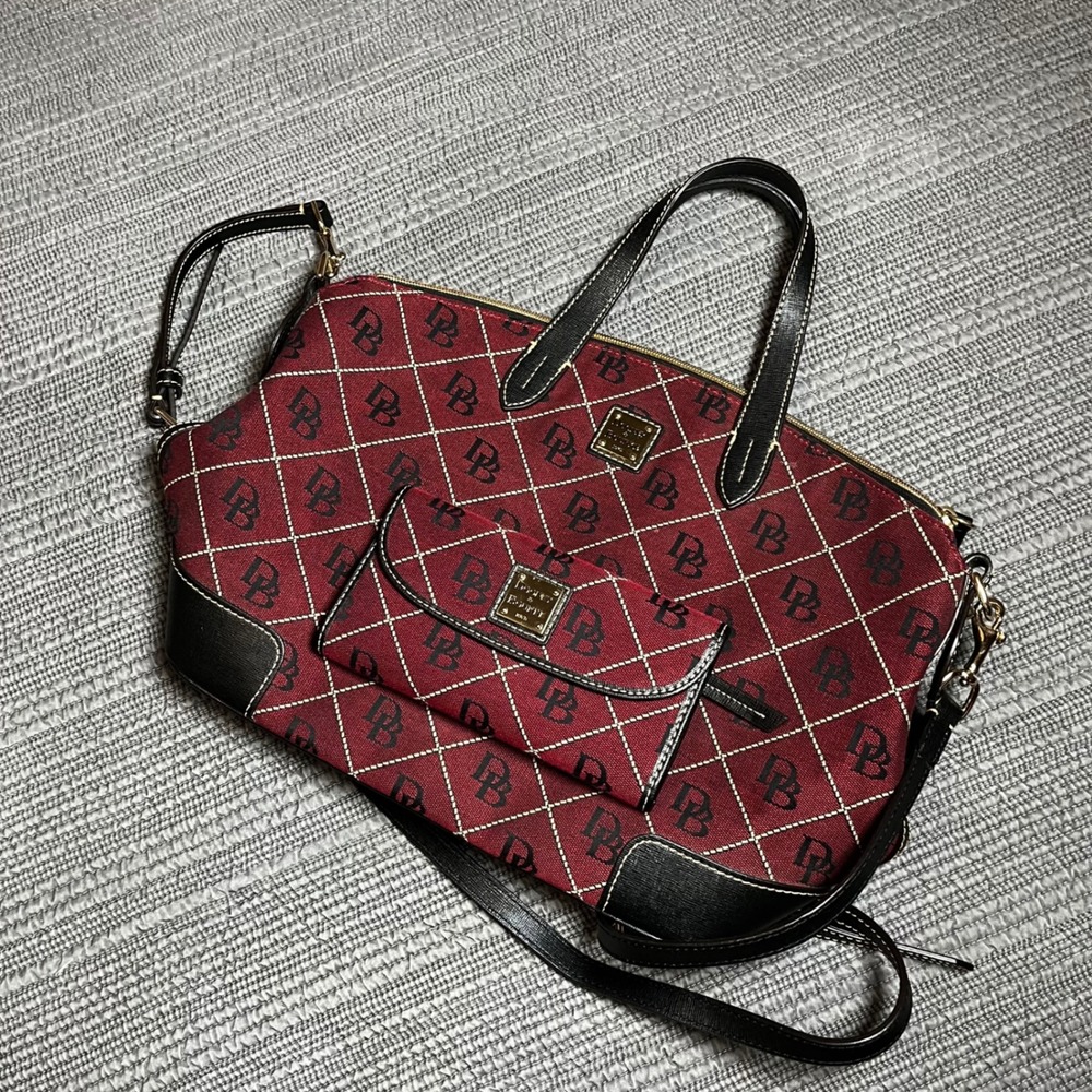 Dooney & Bourke Signature Monogram Satchel & Wallet Set Burgundy Black Crossbody